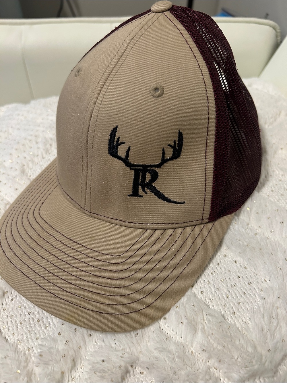 Khaki and Maroon Mesh Trucker Hat with Black Antler R Embroidery